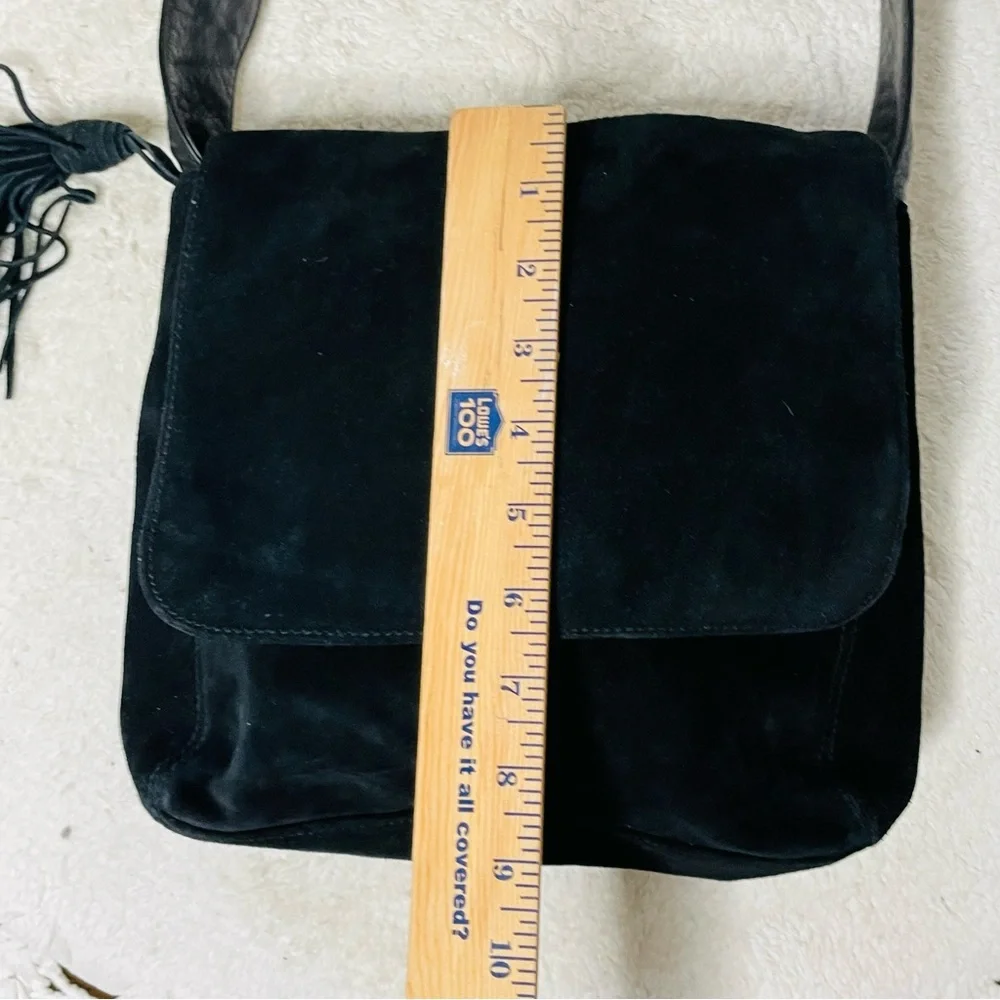 Lord & Taylor vintage boho hippie black leather and suede tassel shoulder bag - Picture 16 of 16